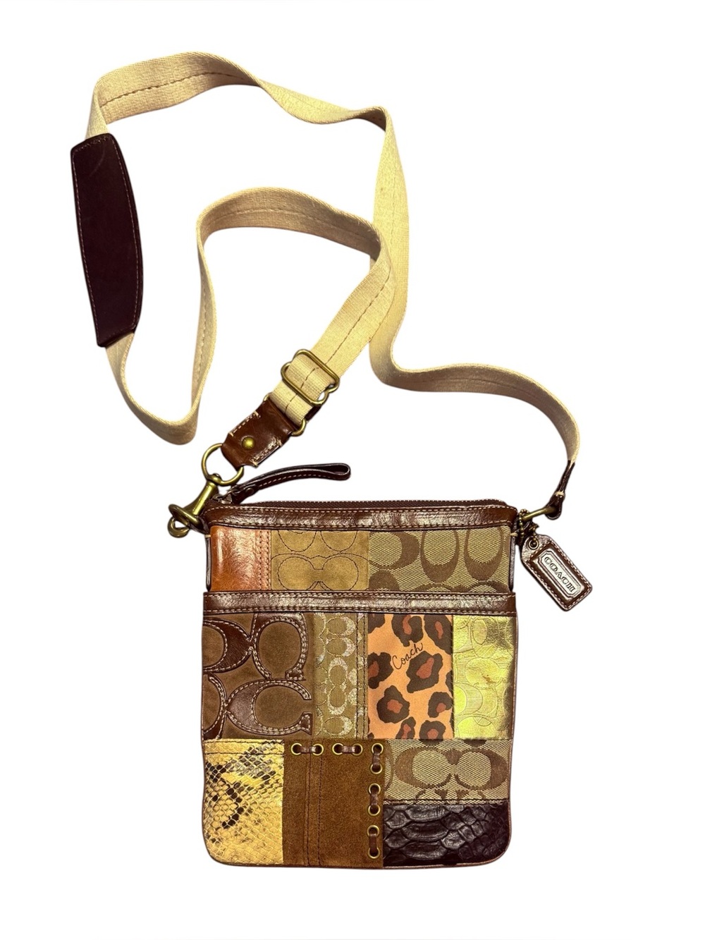Y2K Vintage Coach Patchwork Crossbody Bag in Brown Leather and Gold Accents